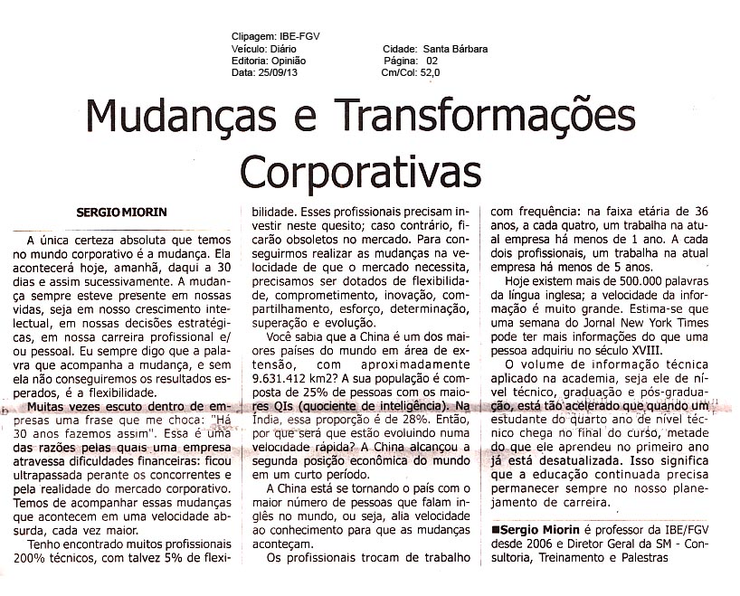 Entrevista Jornal de Santa Bárbara D'Oeste Mudanças e transformações corporativas