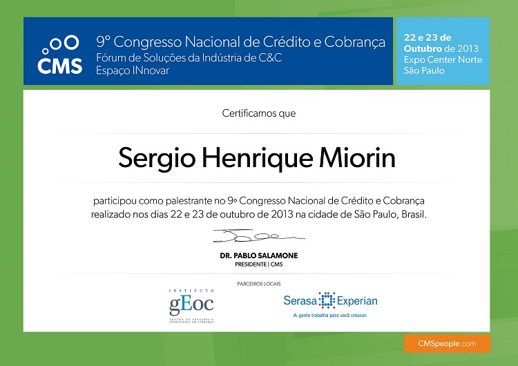 9º Congresso Nacional C&C 2013 CMS Brasil - Certificado Sergio Miorin